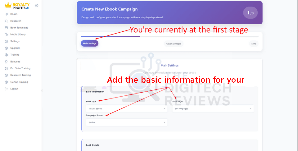 Royalty Profits AI Demo 2 main settings